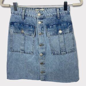 Free People Button Front Denim Skirt Flap Pockets Size 0 Blue Bohemian Jean Boho